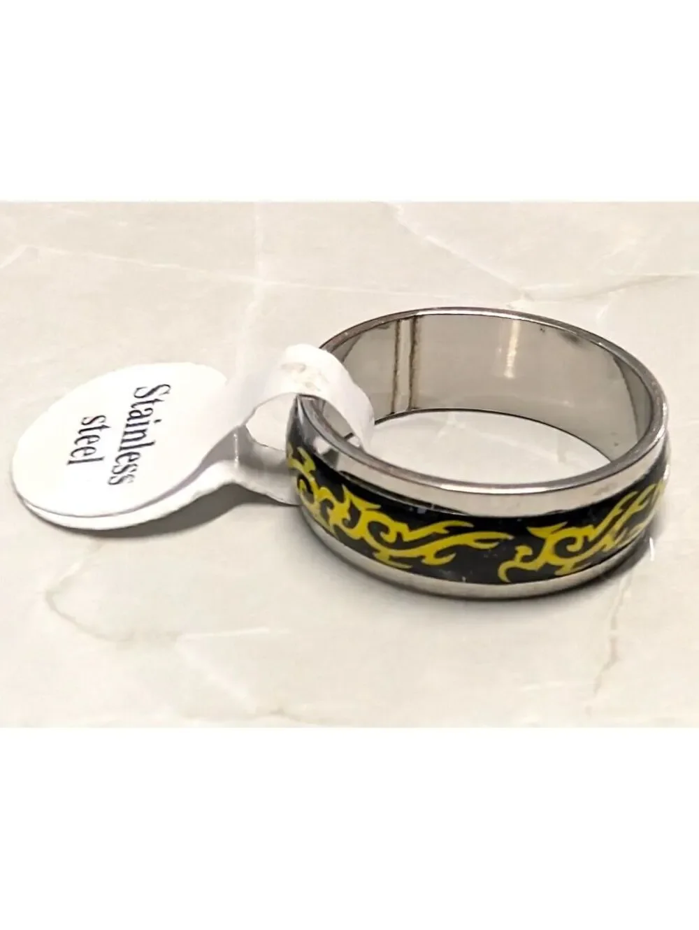 New Stainless Steel Ring Size 8.75 Yellow Black Band Tribal Biker Grunge Punk